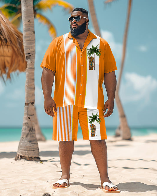 Men's Plus Size Coconut Tree Stitching Orange Stripes Short Sleeve Shirt Shorts Suit