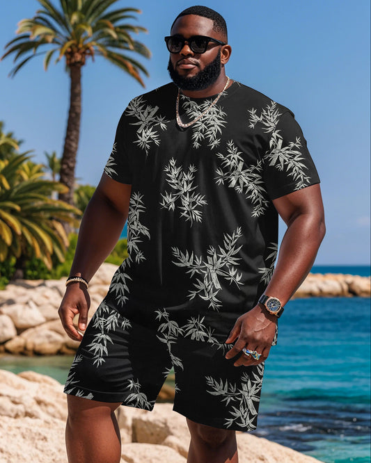 Plus Size Men's Casual Fashion Black Jacquard T-shirt Shorts Suit