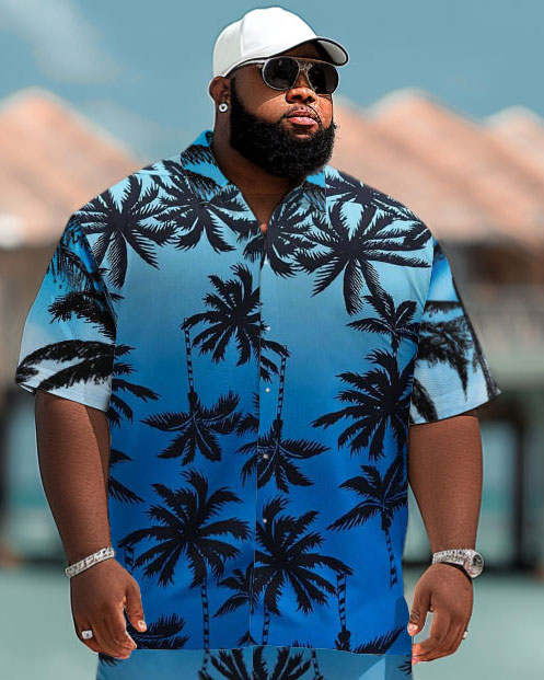 Men's Plus Size Hawaiian Gradient Coconut Tree Print Short Sleeve Shirt Shorts Suit