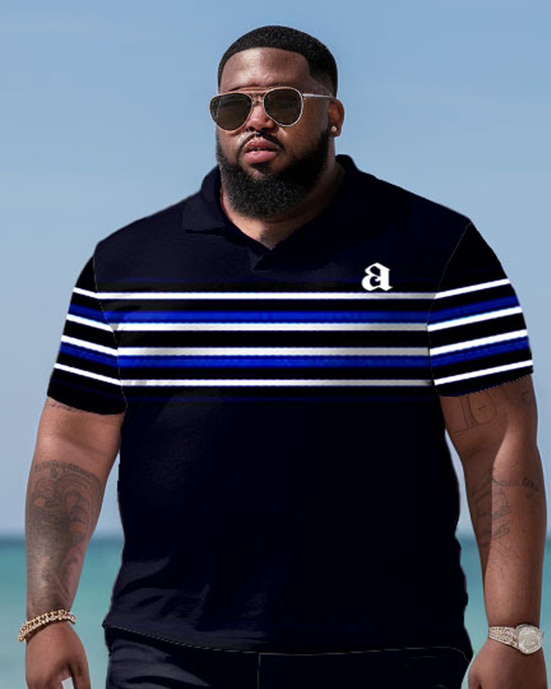 Men's Plus Size Striped Print Short Sleeve Pol Shirt Shorts Suit