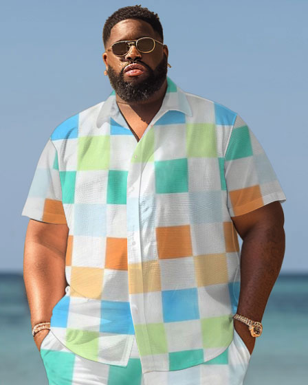 Men's Plus Size Hawaiian Colorful Block Print Shirt Shorts Suit