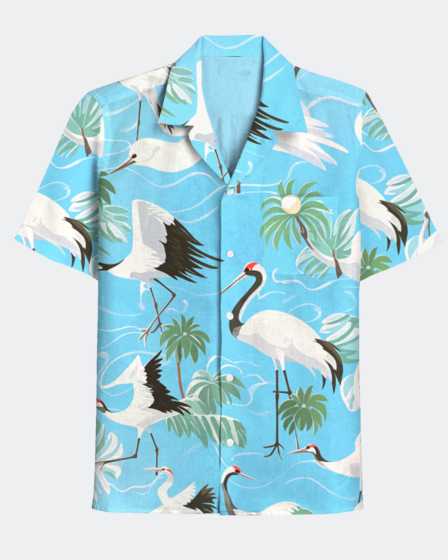 Men's Casual Hawaiian Red-crowned Crane Print Short Sleeve Shirt