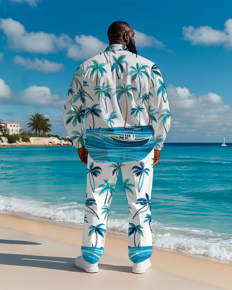 Men's Plus Size Hawaiian Coconut Blue Gradient Print Long Sleeve Shirt Trousers Suit