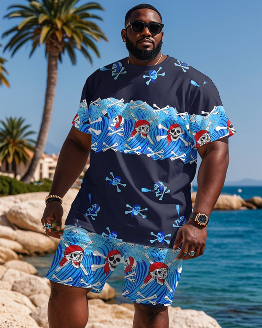 Plus Size Men's Casual Fashion Royal Blue Pirate Skull Print T-Shirt Shorts Suit