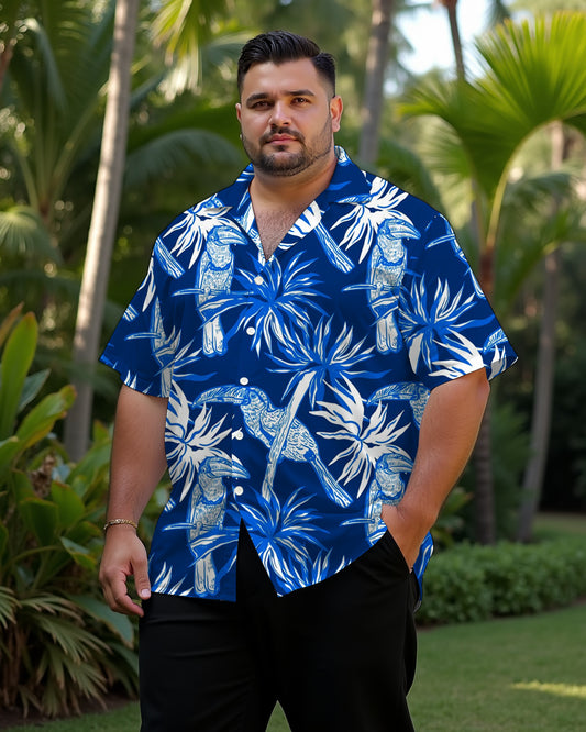 Hawaiian Casual Blue Flower And Bird Pattern Men's Plus Size Cuban Collar Short Sleeve Shirt