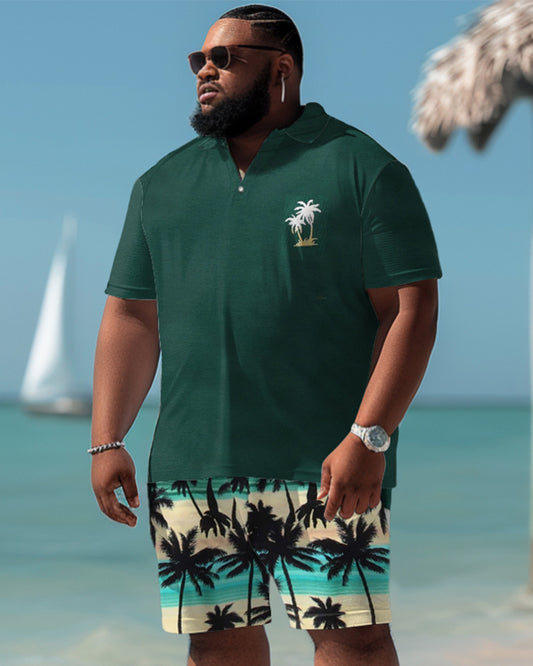 Hawaiian Coconut Tree Pattern Colorblock Shorts Men's Plus Size Set