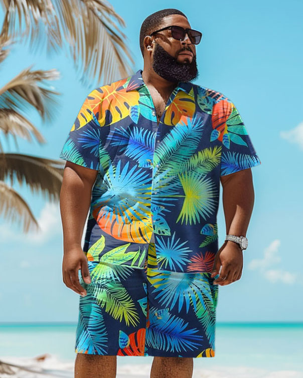 Men's Plus Size Hawaiian Tropical Plant Print Shirt Shorts Suit