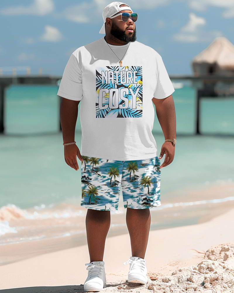 Hawaiian Coconut Tree Alphabet Print Shorts Men's Plus Size Suit