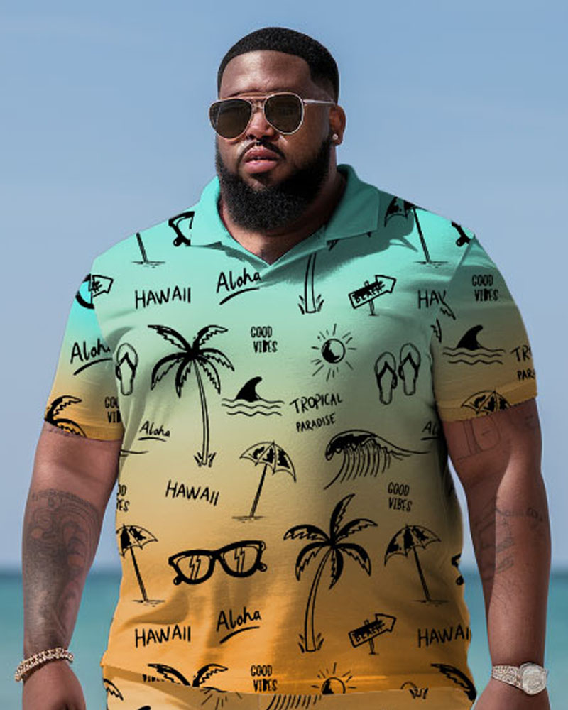 Men's Plus Size Holiday Printed Short Sleeve Pol Shirt Shorts Suit