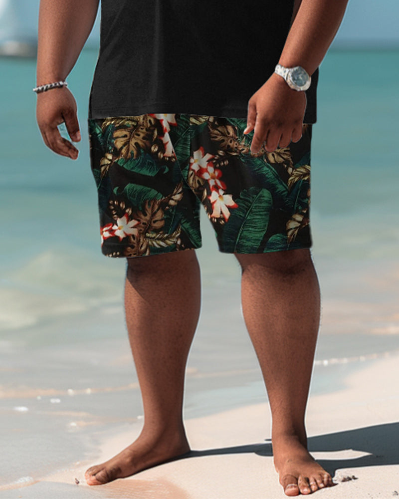 Hawaiian Tropical Leaf Pattern Colorblock Shorts Men's Plus Size Set