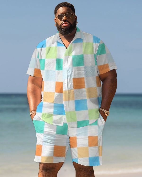 Men's Plus Size Hawaiian Colorful Block Print Shirt Shorts Suit