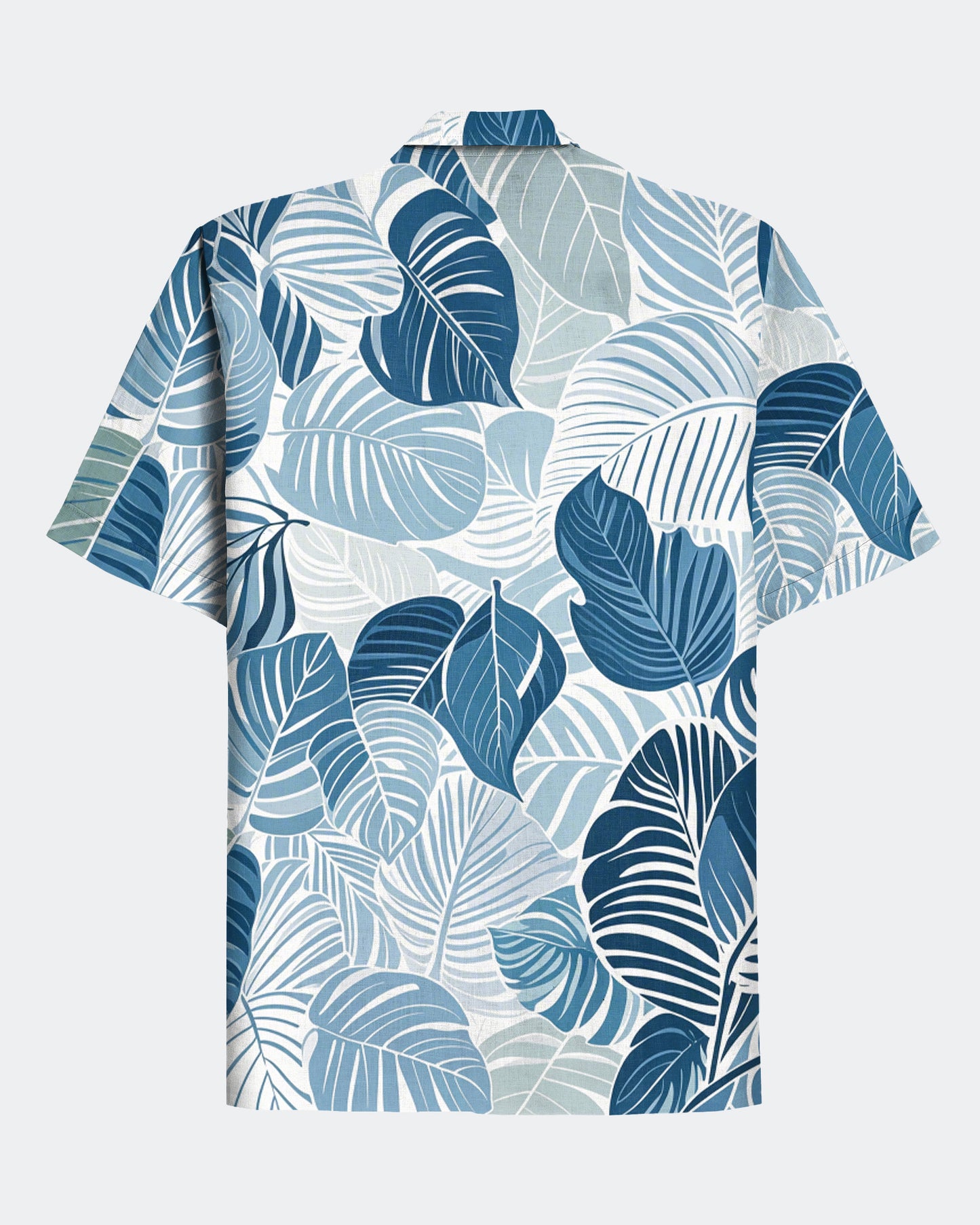 Men's Casual Blue Palm Leaf Hawaiian Cuban Collar Short Sleeve Shirt