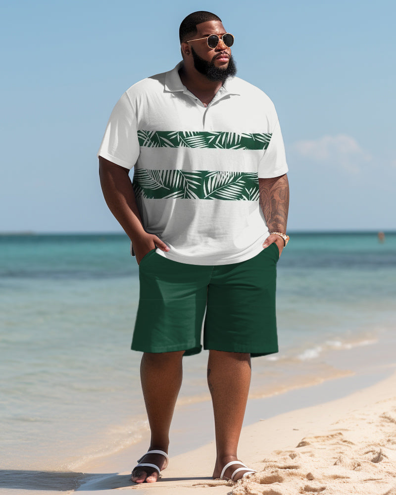 Hawaiian Leaf Print Shorts Men's Plus Size Set