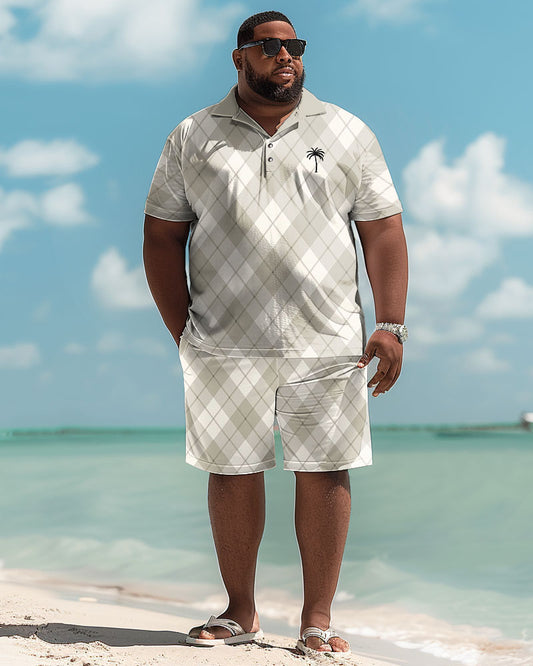 Men's Plus Size Simple Diamond Print Polo Shorts Suit