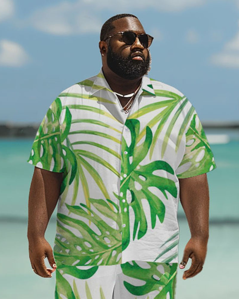 Men's Plus Size Hawaiian Turtle Leaf Print Short Sleeve Shirt Trousers Suit