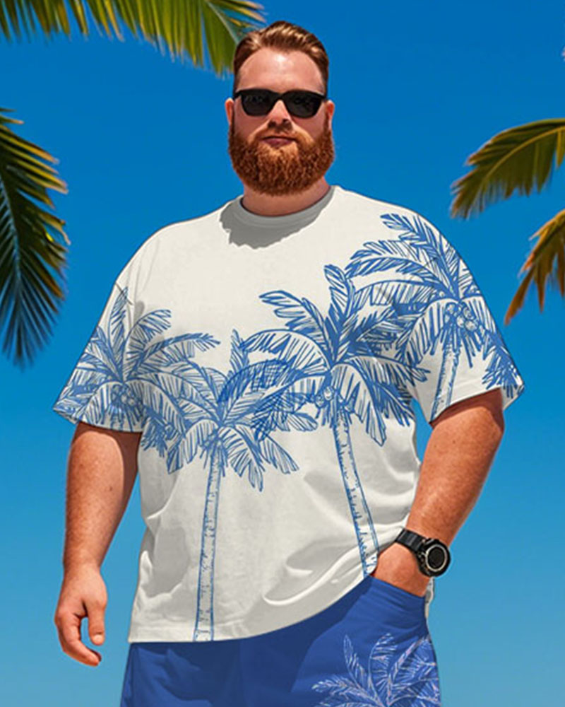 Men's Plus Size Hawaiian Blue Coconut Tree Print T-Shirt Shorts Suit