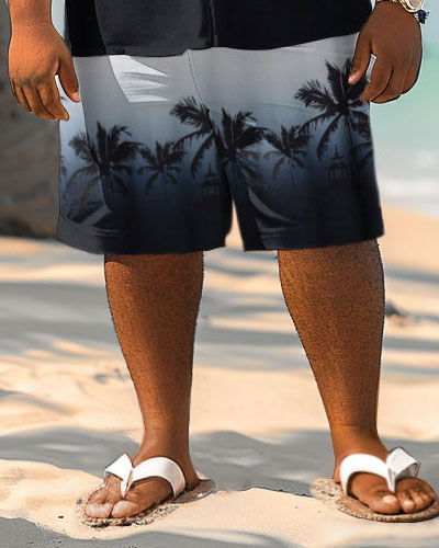 Men's Plus Size Hawaiian Gradient Coconut Print Shirt Shorts Suit