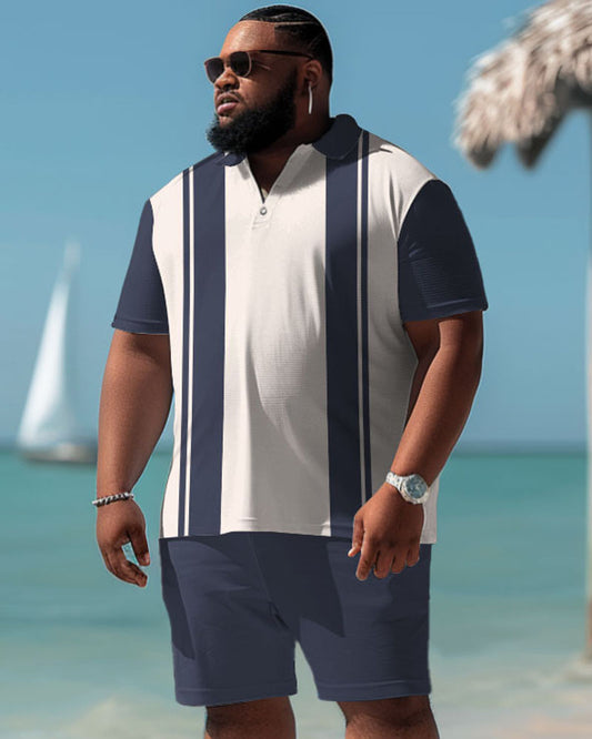 Men's Plus Size Casual Simple Striped Polo Shorts Suit