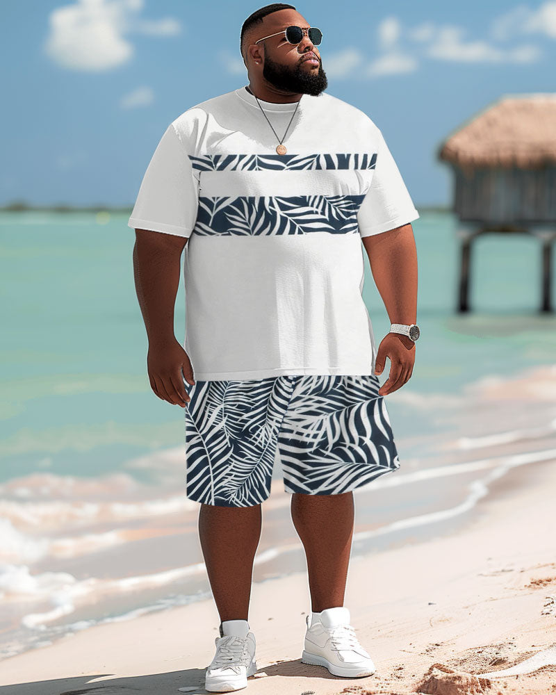 Hawaiian Simple Striped Leaf Print Shorts Men's Plus Size Set