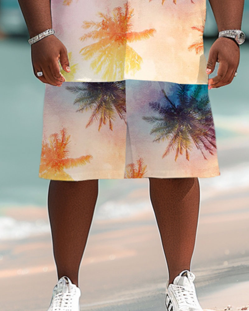 Men's Plus Size Hawaiian Gradient Coconut Tree Print Short Sleeve Shirt Shorts Suit