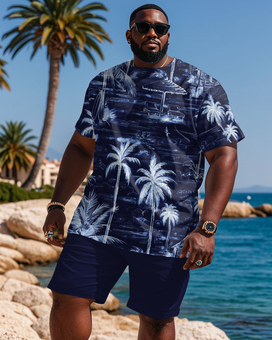 Plus Size Men's Royal Blue Full Print Coconut Tree Print T-Shirt Shorts Suit