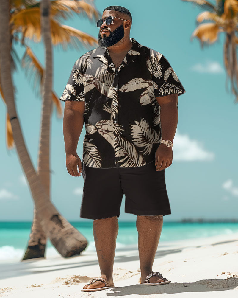 Men's Plus Size Hawaiian Tropical Leaf Print Black Shirt Shorts Set