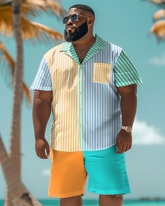 Men's Plus Size Colorblock Hawaiian Striped Print Shirt Shorts Suit