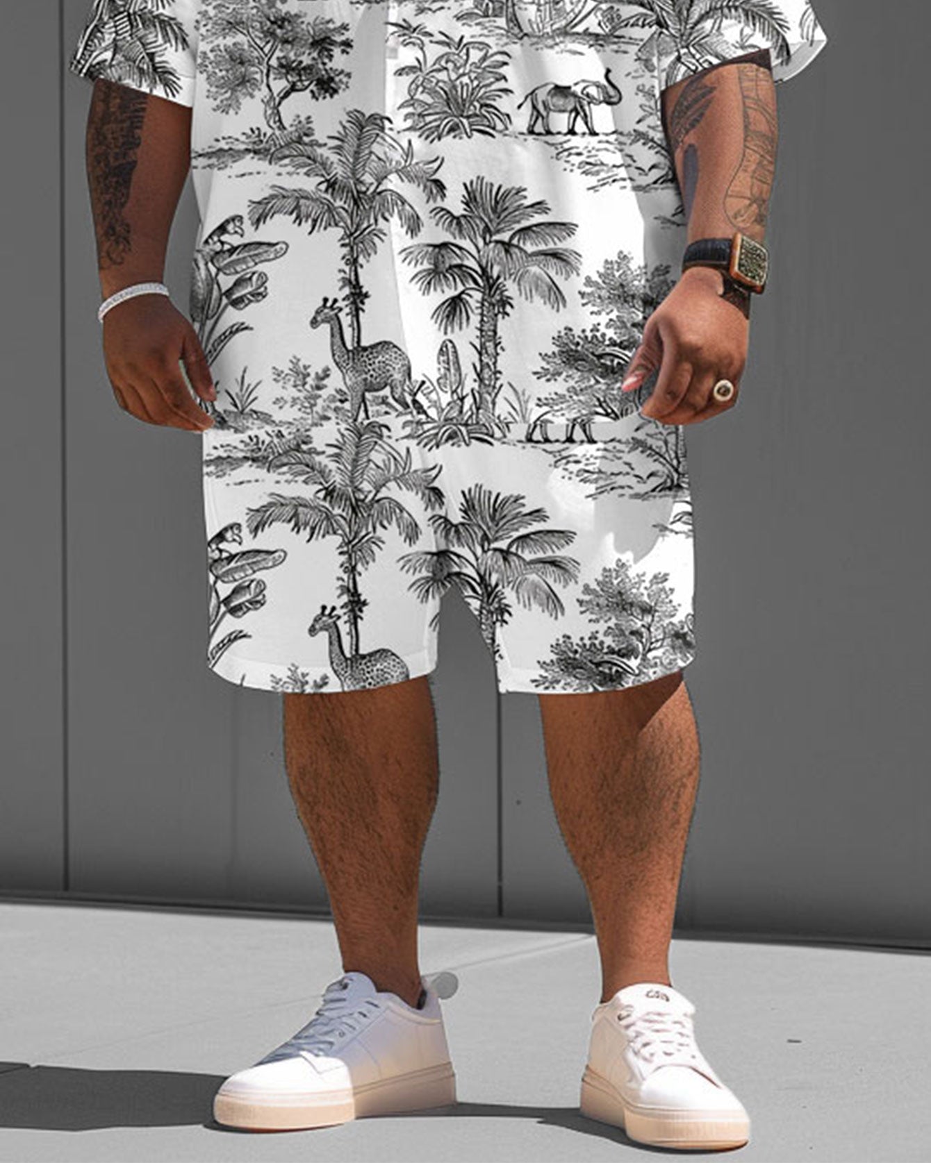 Men's Plus Size Street Fashion Nature Print Short Sleeve Shirt Shorts Suit