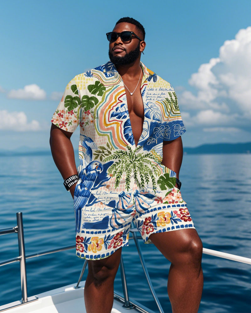 Men's Plus Size Hawaiian Tropical Graffiti Print Shirt Shorts Suit