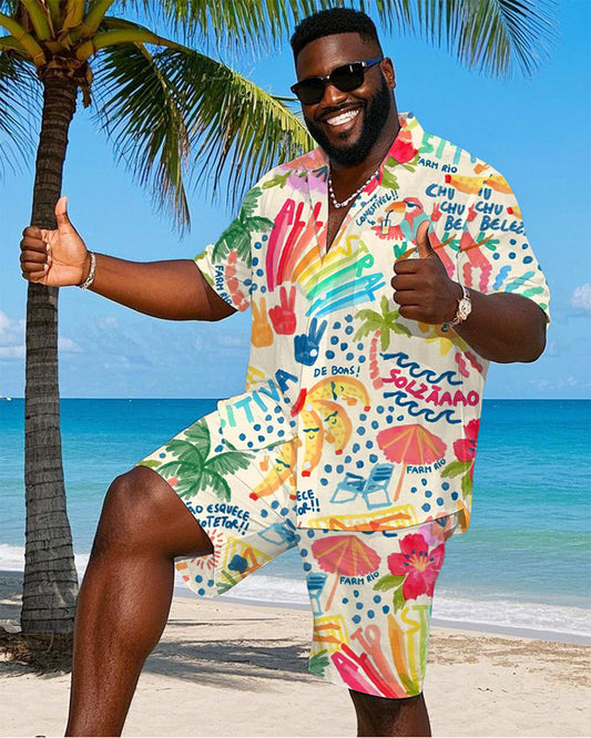 Men's Plus Size Hawaiian Cheerful Vacation Graffiti Print Shirt Shorts Suit