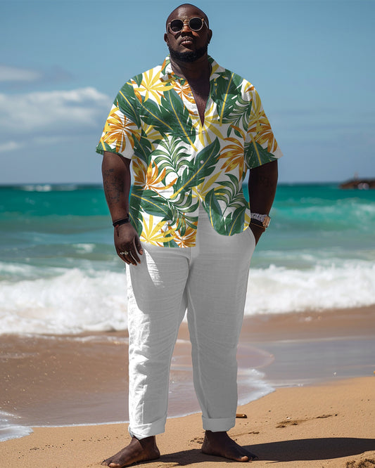 Men's Plus Size Hawaiian Floral Print Short Sleeve Shirt Trousers Suit