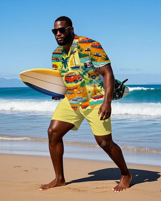 Men's Plus Size Hawaiian Yellow Coconut Tree Colorblock Vintage Sailing Car Print Short Sleeve Shirt