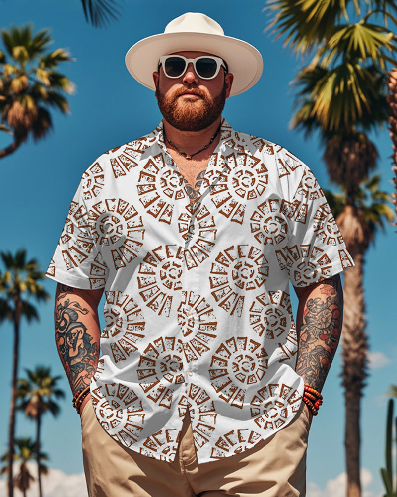 Men's Plus Size Hawaiian White Tribal Spiral Art Print Short Sleeve Shirt