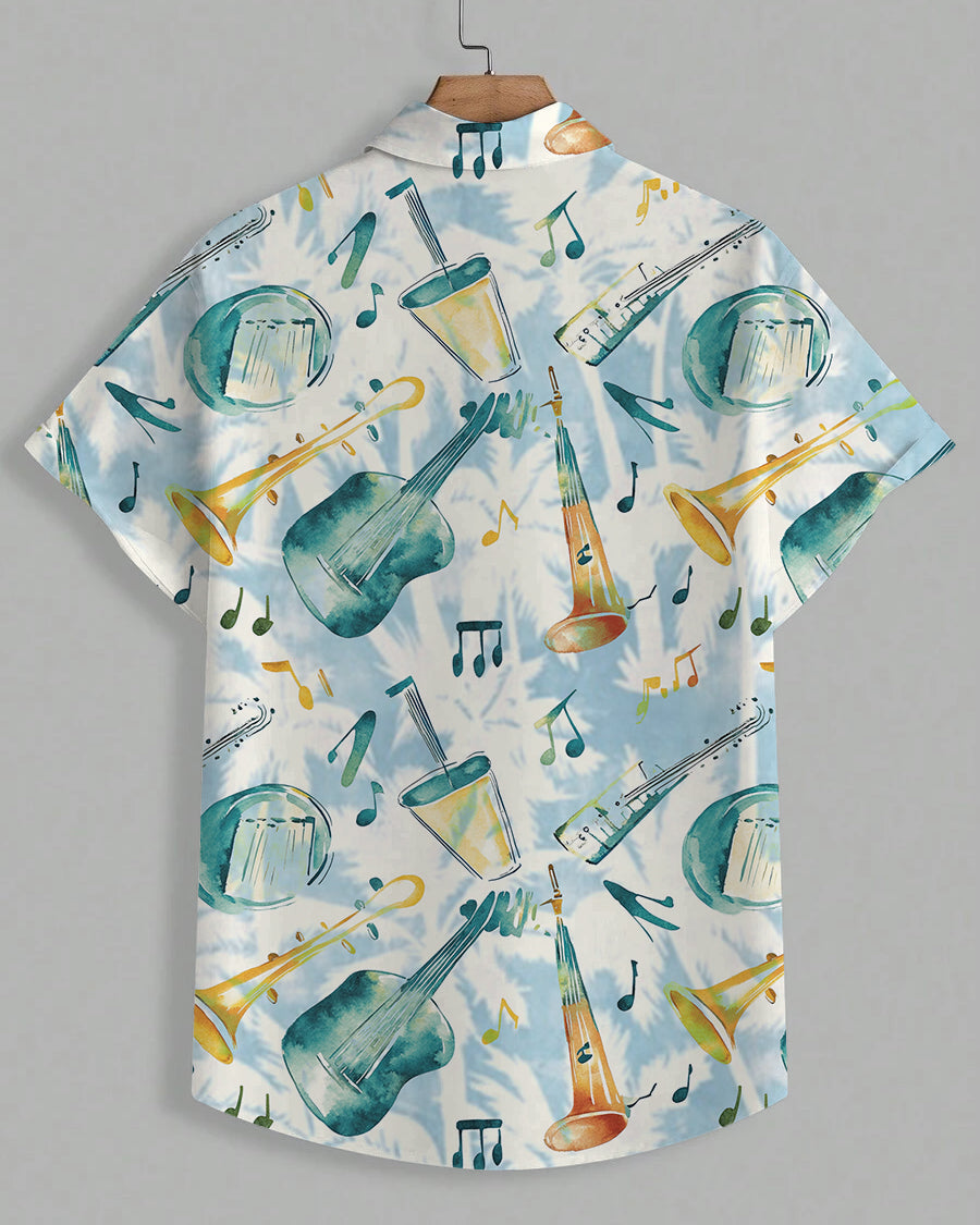 Men's Plus Size Hawaiian Blue Coconut Tree Musical Print Short Sleeve Shirt