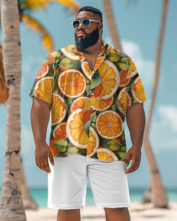 Men's Plus Size Hawaiian Orange Cut Print Shirt Shorts Suit