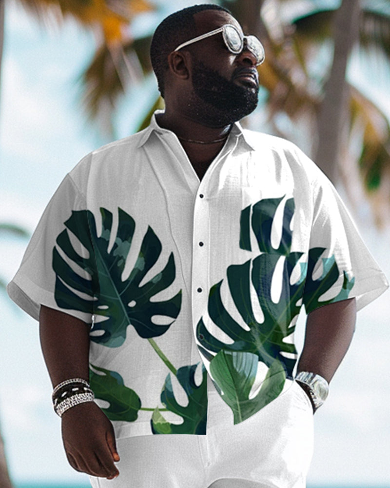 Men's Plus Size Hawaii Exaggerated Leaf Print Short Sleeve Shirt Trousers Set