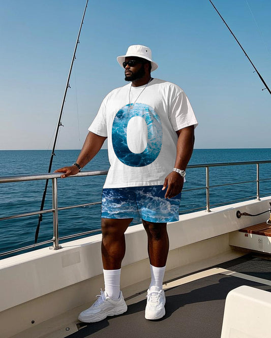 Men's Plus Size Casual Outdoor Vacation Wave Letter O Print T-Shirt Shorts Suit