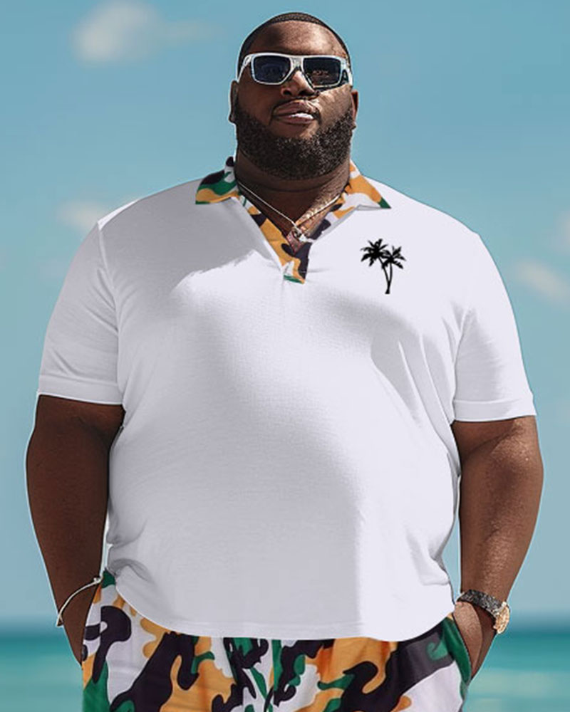 Men's Plus Size Hawaiian Camo Coconut Print Polo Shorts Suit