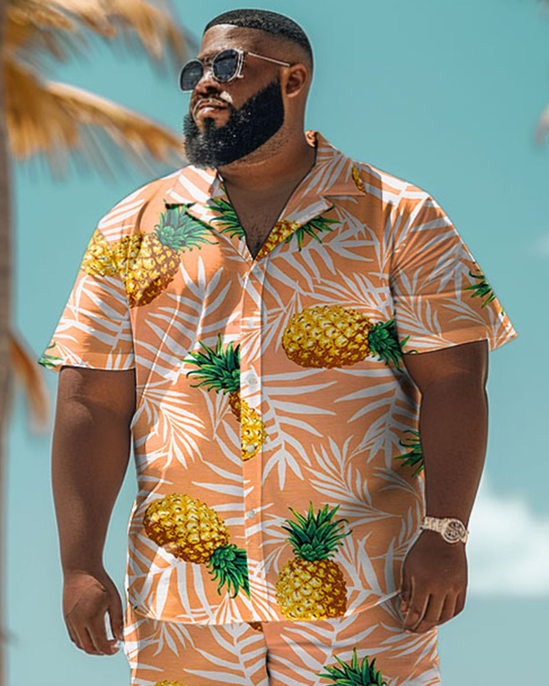 Men's Plus Size Hawaiian Palm Leaf Pineapple Print Shirt Shorts Suit