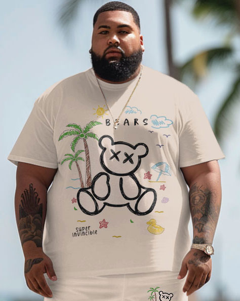 Men's Plus Size Hawaiian Coconut Bear Alphabet Print T-Shirt Shorts Set