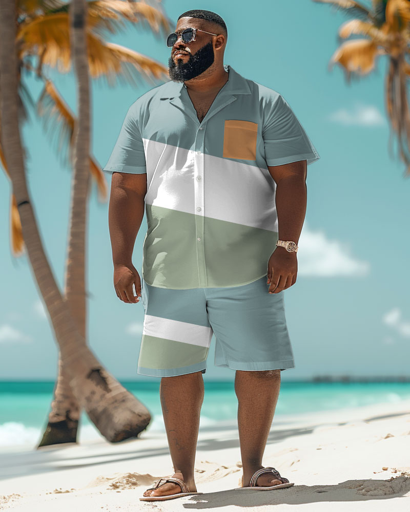 Men's Plus Size Hawaiian Colorblock Print Shirt Shorts Suit