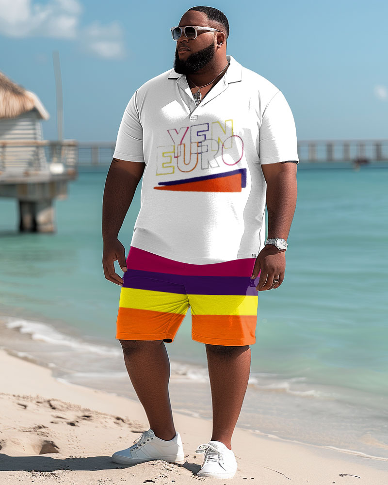 Men's Plus Size Casual Simple Colorblock English Print Polo Shorts Suit