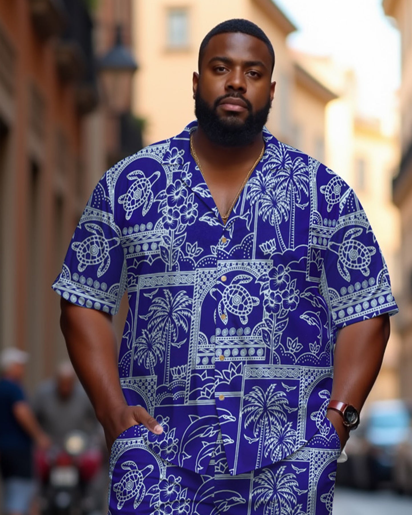 Men's Plus Size Hawaiian Coconut Tree Turtle Casual Cuban Collar Short Sleeve Shirt Shorts Suit