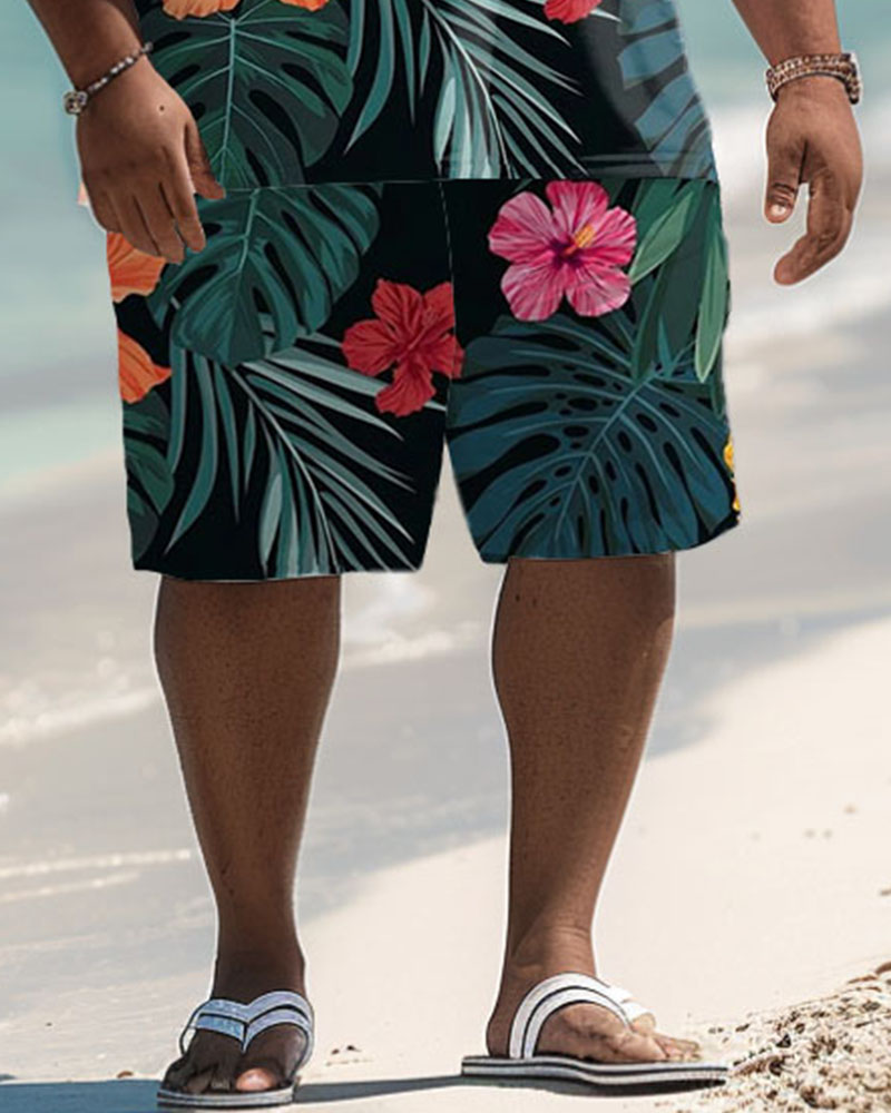 Men's Plus Size Hawaiian Palm Leaf Flower Print Polo Shorts Suit