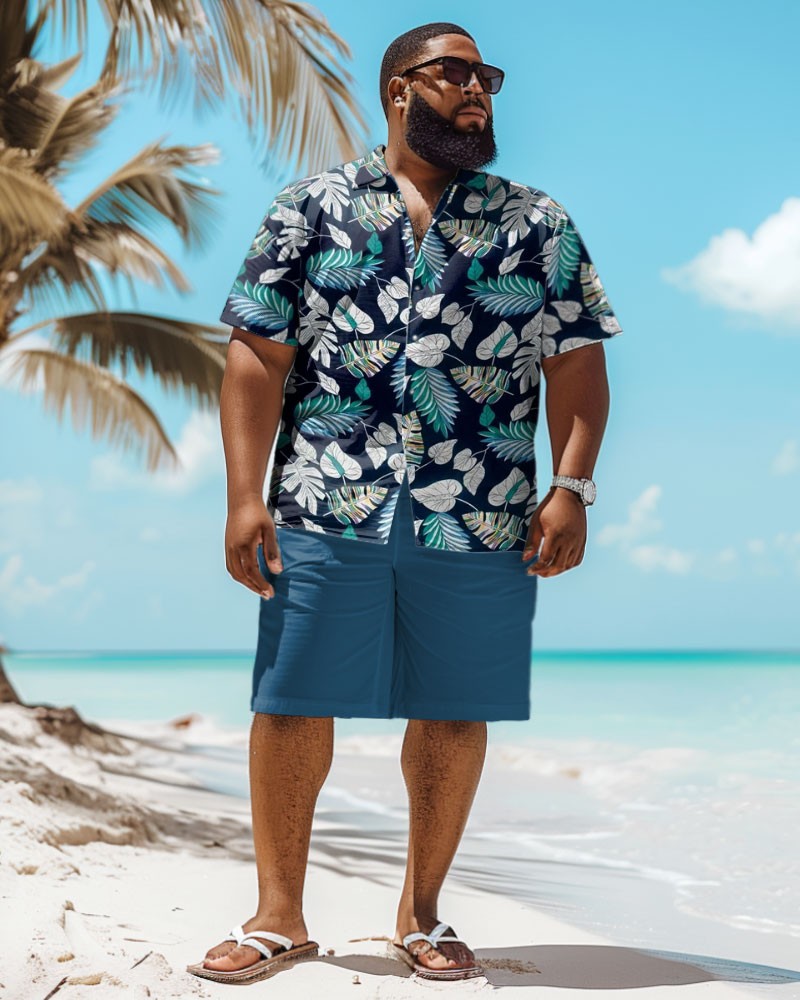 Men's Plus Size Hawaiian Tropical Leaf Print Shirt Shorts Suit