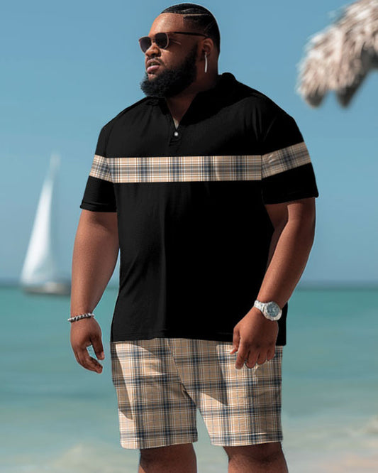 Men's Plus Size Casual Simple Stitching Plaid Print Polo Shorts Suit