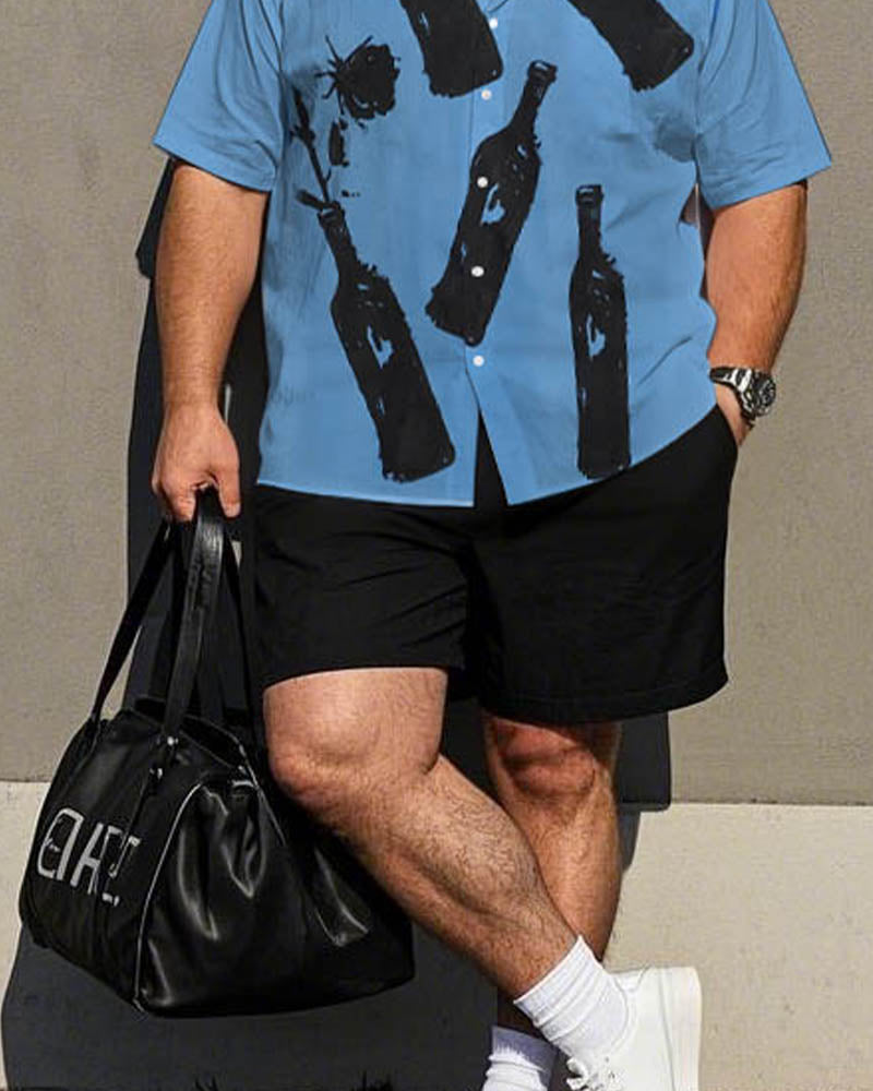 Men's Plus Size Blue Beer Bottle Black Monochrome Print Short Sleeve Shirt Shorts Suit