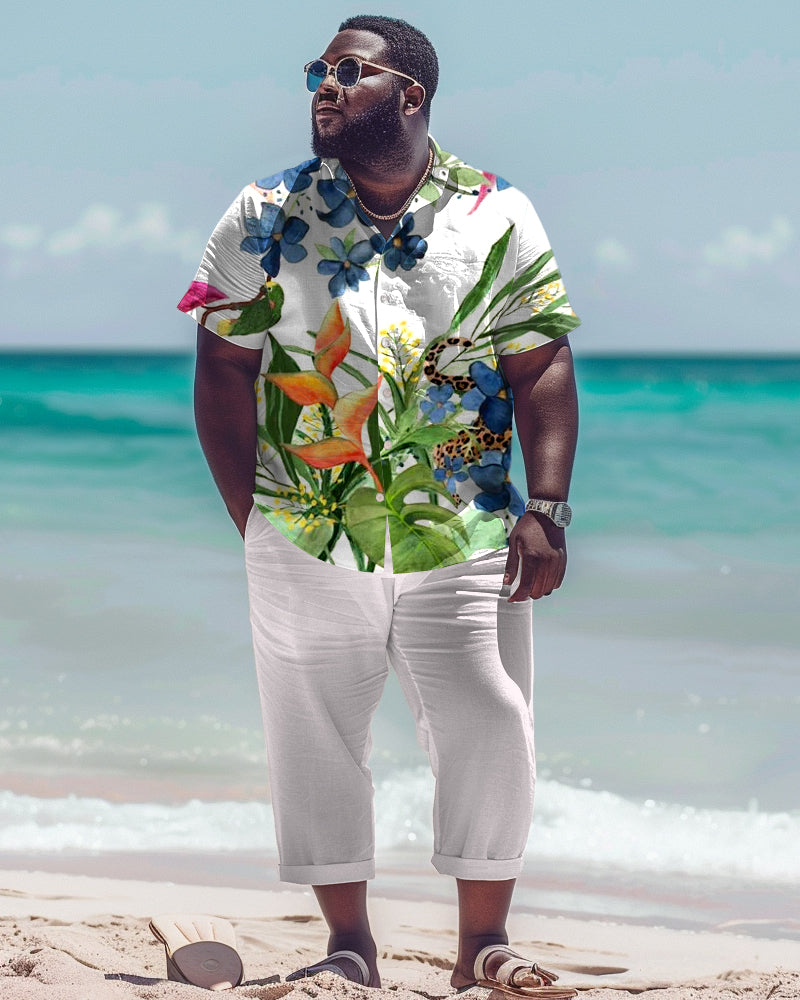 Men's Plus Size Hawaiian Plant Print Short Sleeve Shirt Trousers Suit