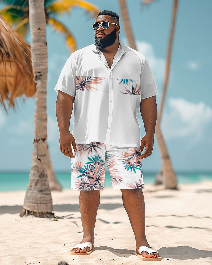 Men's Plus Size Simple Hawaiian Plant Print Shirt Shorts Suit