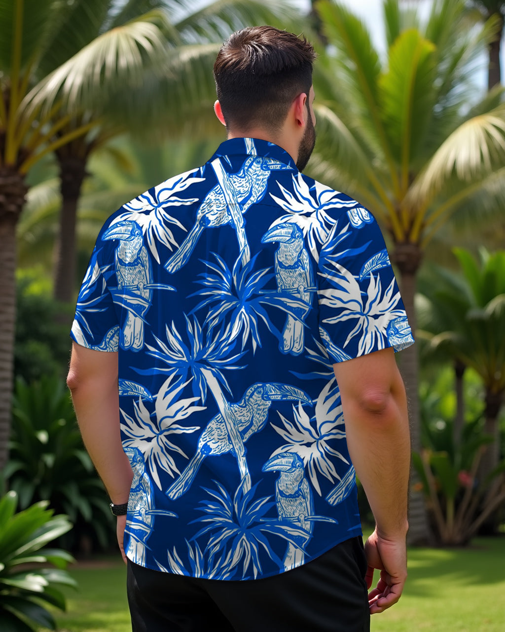 Hawaiian Casual Blue Flower And Bird Pattern Men's Plus Size Cuban Collar Short Sleeve Shirt